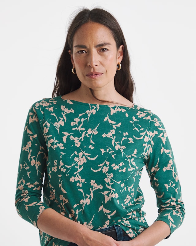 Green Print Slash Neck 3/4 Sleeve Top