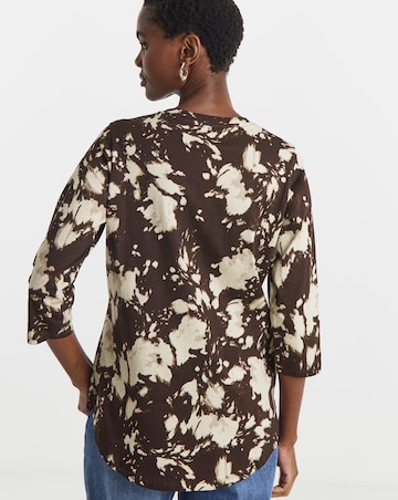 Brown Print Longline Curved Hem 3/4 Sleeve Top