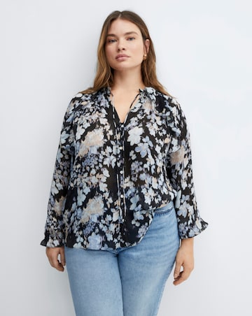 Mango Floral Tie Neck Flowy Blouse