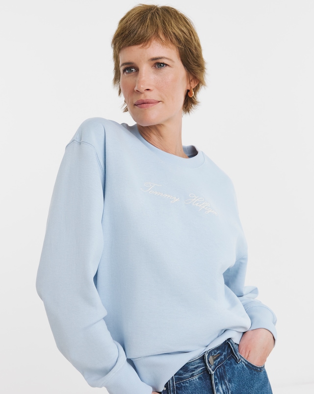 Tommy Hilfiger Pique Script Crew Neck Sweatshirt - Light Blue