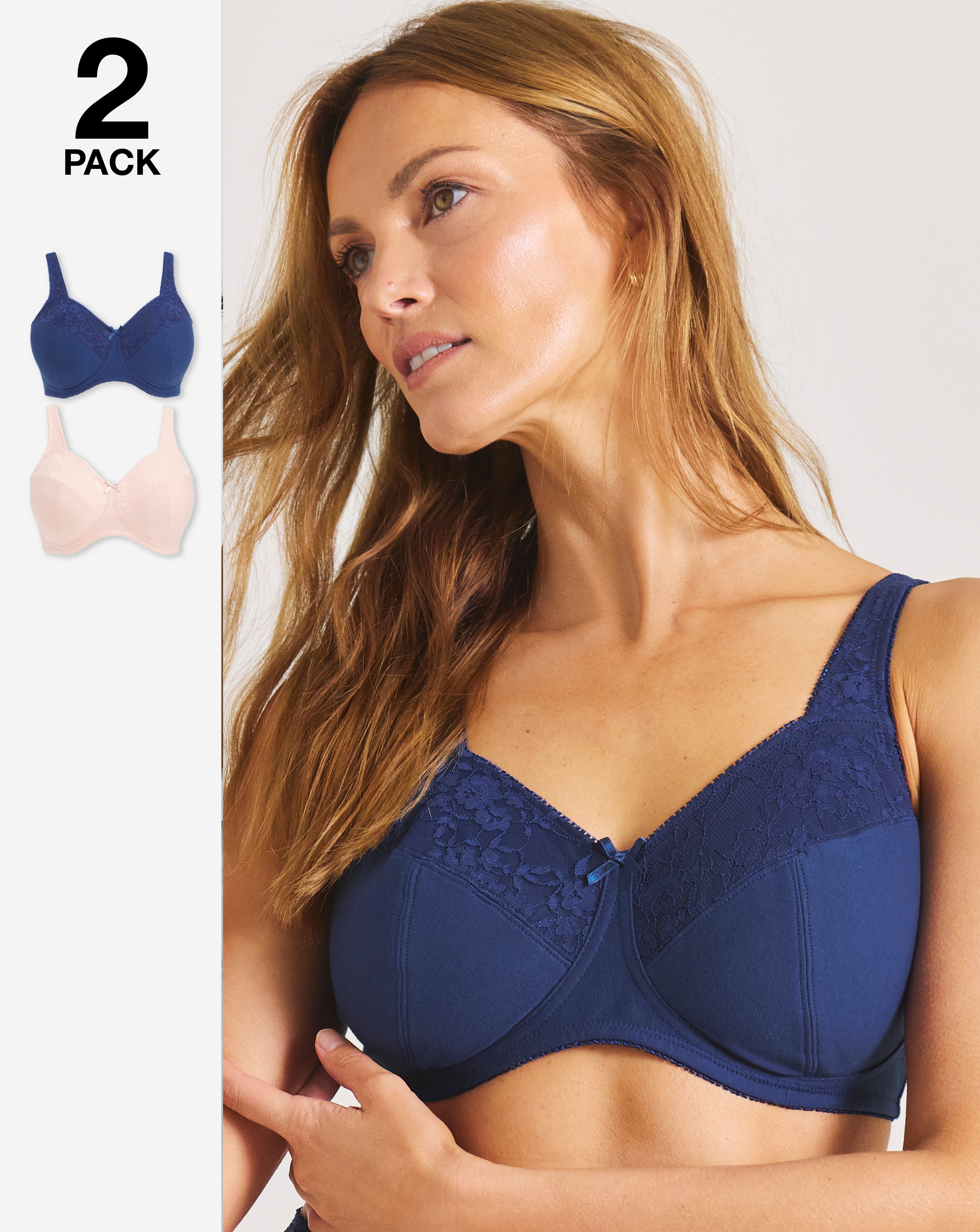 Pretty Secrets (2 Pack) New Sarah Cotton Non Wired Bras (B-G) Navy/Blush