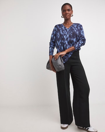 Blue Print V-Neck Longline Split Hem Slouch T-Shirt