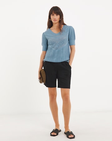 Blue Crochet V Neck Short Sleeve Jumper