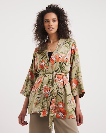 Khaki Floral Tie Belt Kimono