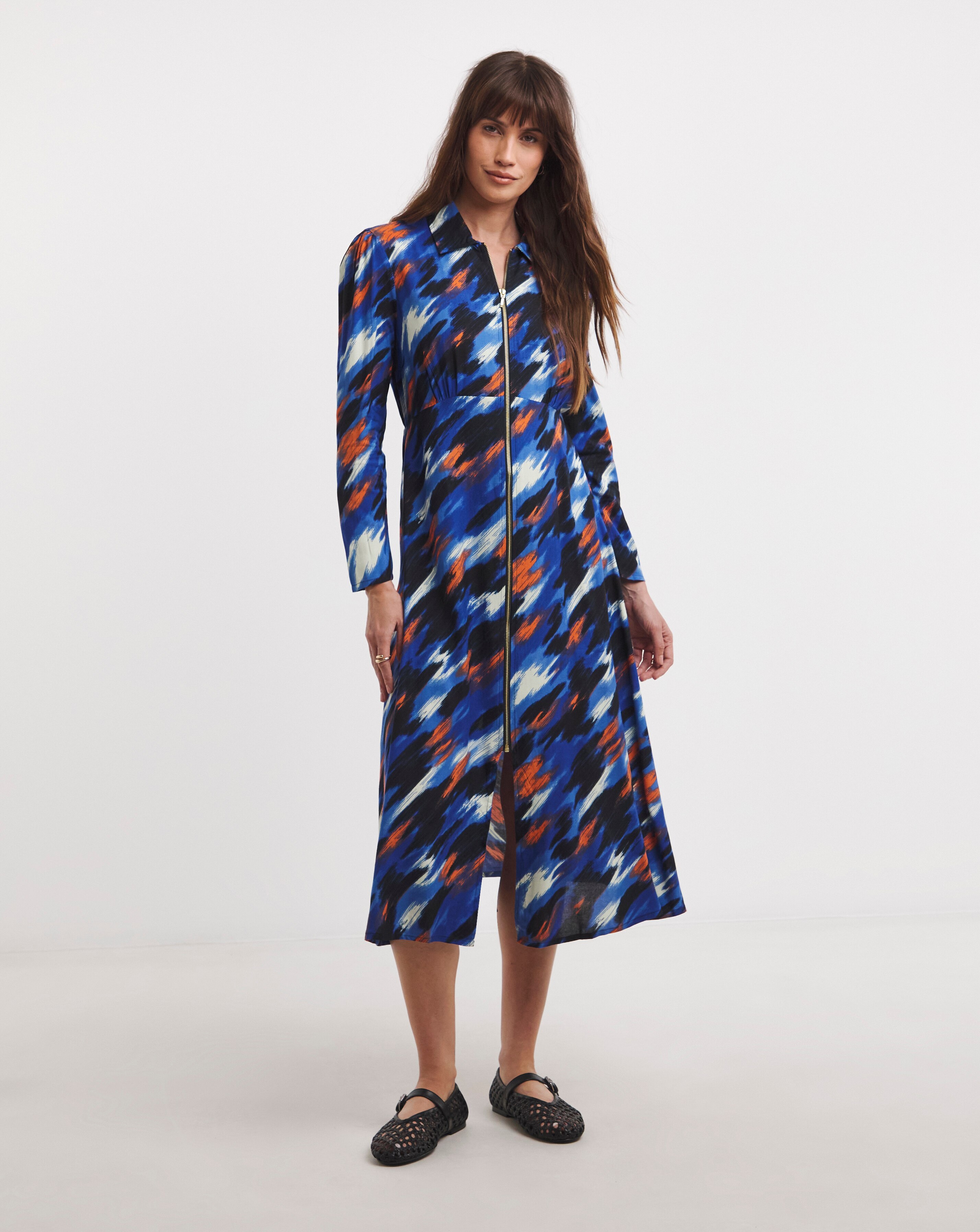 Long Sleeve Zip Front Shirt Dress