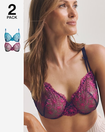 Pretty Secrets (2 Pack) Emily Everyday Embroidery Bras (B-F) Navy/Blue