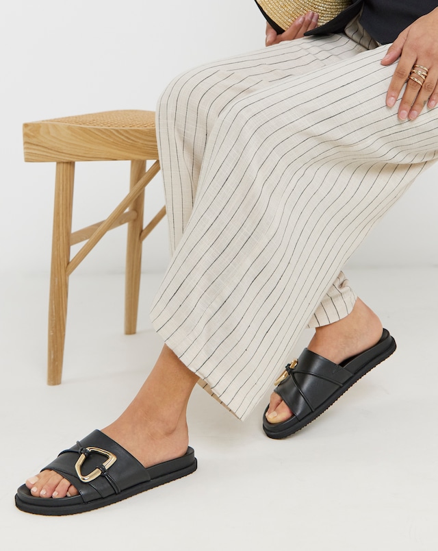 Utica Oversized Trim Leather Mule Sandals - Wide Fit (E)