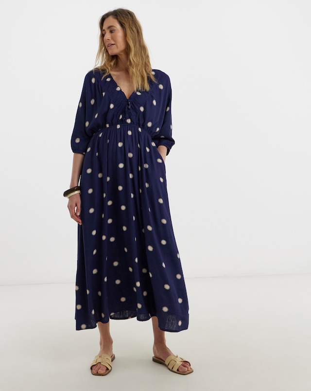 Navy Gathered Front V Neck Kimono Dress