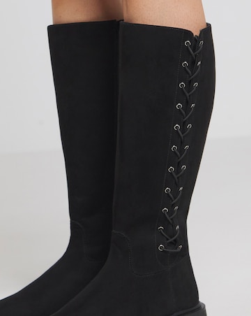 Farley Side Lace Up Flat Knee High Boots - Wide Fit (E) & Super Curvy Calf