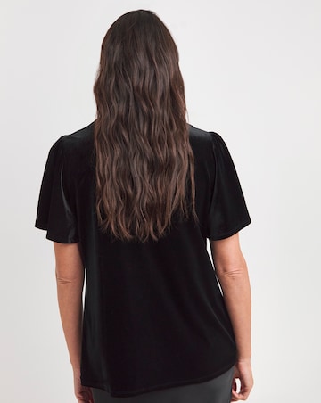 Black V-neck Short Sleeve Bow Detail Velvet Top