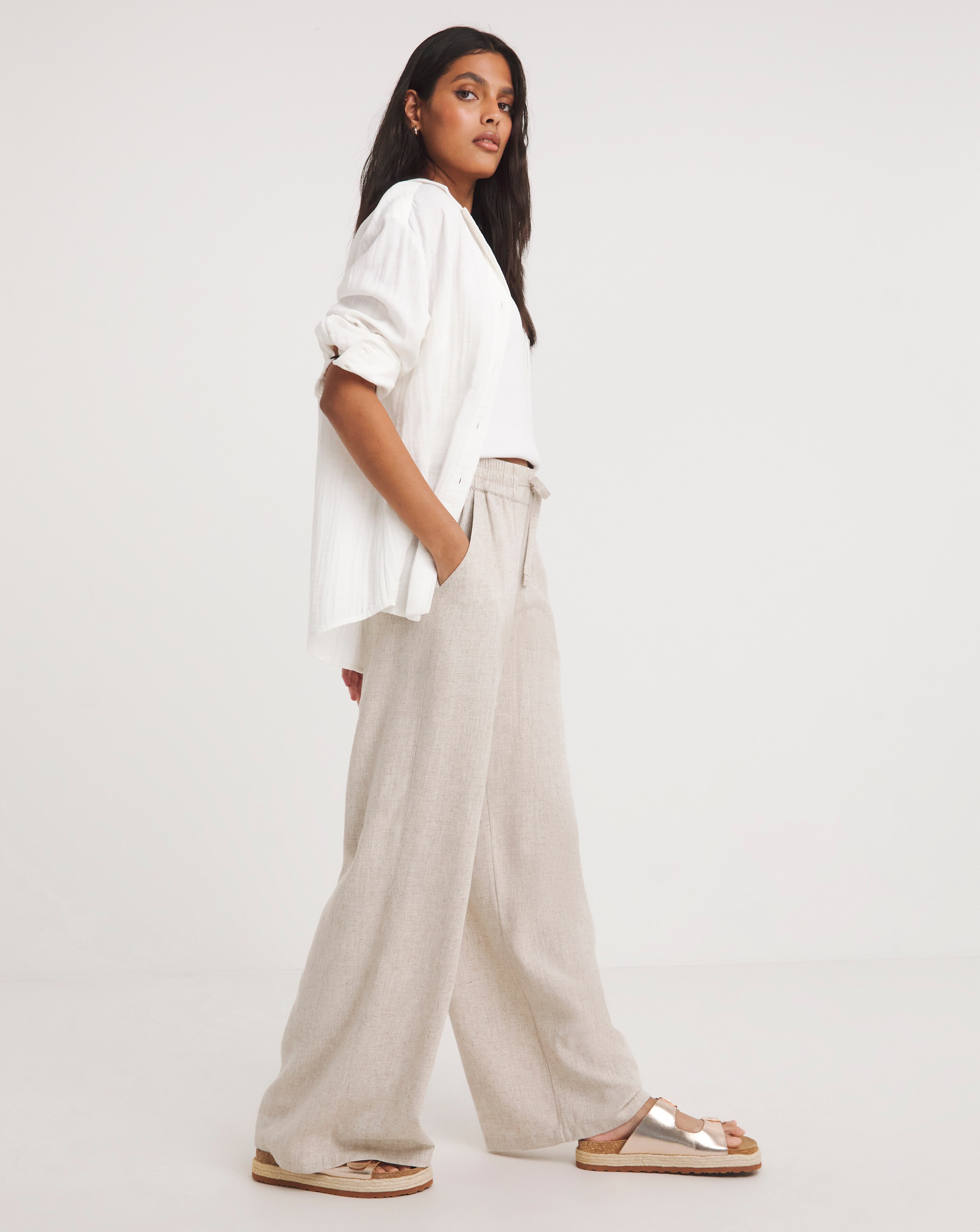 Natural Linen Mix Wide Leg Trousers