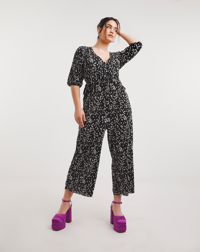 Mono Print Plisse Culotte Jumpsuit