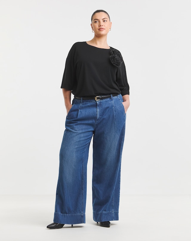 Simply Be Authentic Mid Blue Drape Wide Leg Jeans