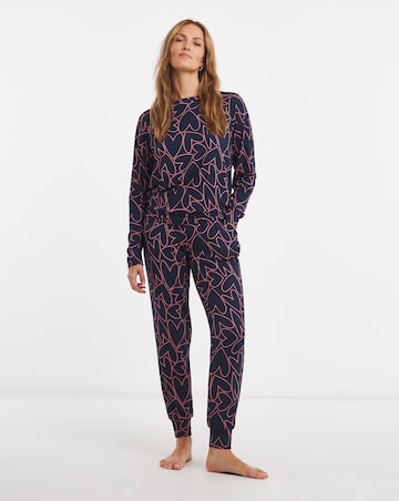 Pretty Secrets Soft Knit Crew Neck Heart Print Pyjama Set Navy