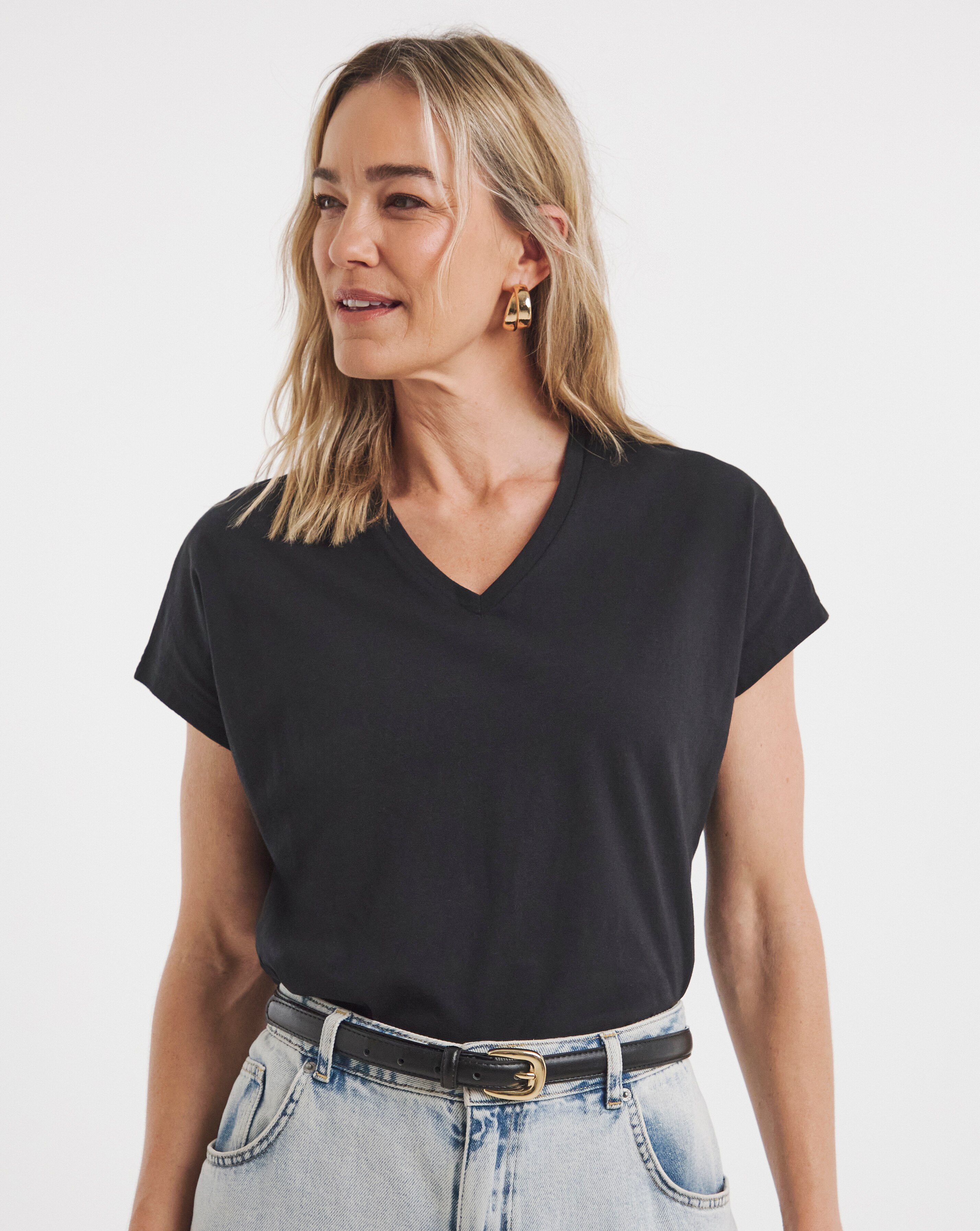 Pure Cotton Black Basic V-Neck Short Sleeve T-Shirt