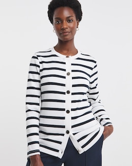 Crew Neck Striped Button Front Cardigan