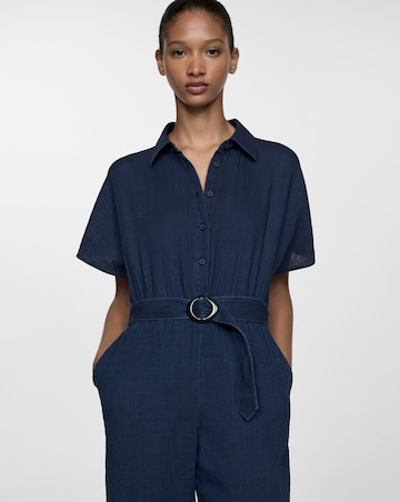 Mango Textured Cotton Navy Jumpsuit
