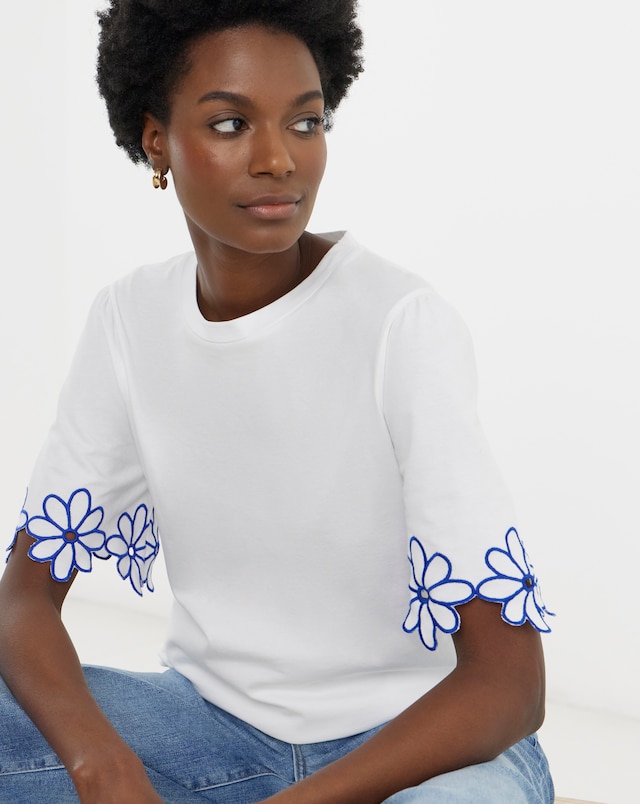 White Embroidered Flower Sleeve Longline T-Shirt