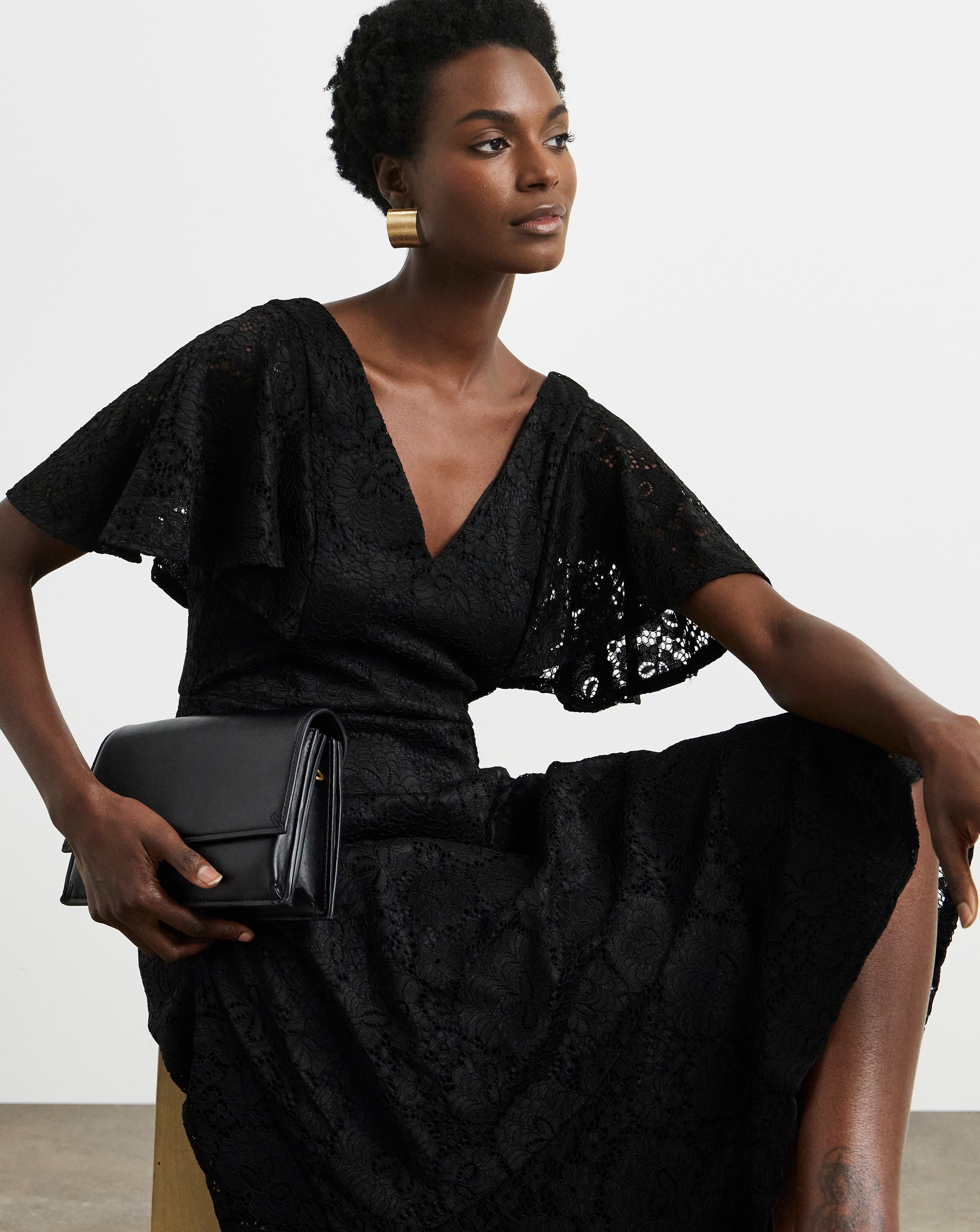 Joanna Hope Black Angel Sleeve Stretch Lace Midi Dress | JD Williams