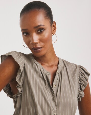 Collarless Frill Sleeve Pocket Shirt Dress