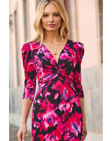 Sosandar Floral Print Twist Front Midi Dress