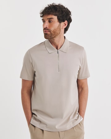 Folio Mercerised Supima Cotton Zip Neck Polo - Stone
