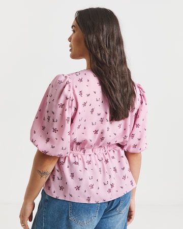 Simply Be Pink Printed Button Through Peplum Blouse