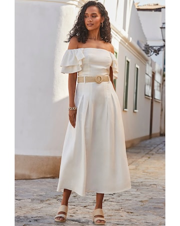 Sosandar Linen Blend Ruffle Sleeve Bardot Top