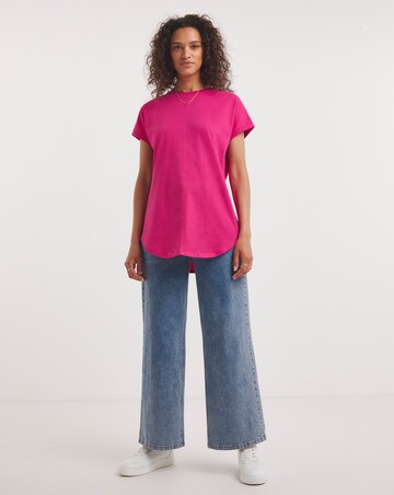 Bright Pink Short Sleeved Curved Hem Longline Top