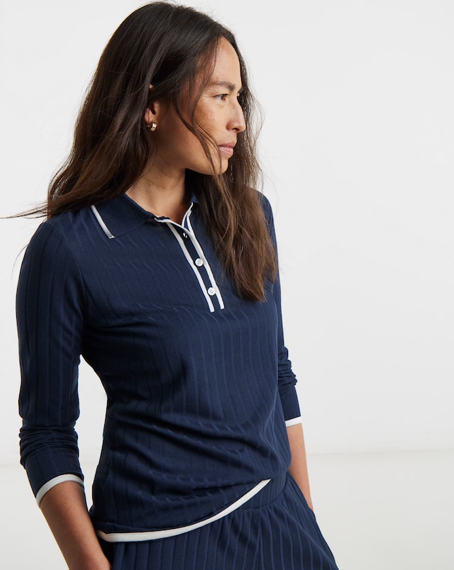 Button Front Collared Long Sleeve Top - Navy