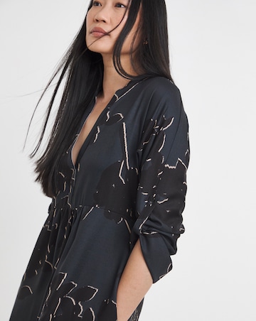 Collarless Placket 3/4 Sleeve Smock Dress