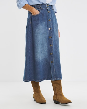 Mid Blue Elasticated Waist Button Through Denim Skirt