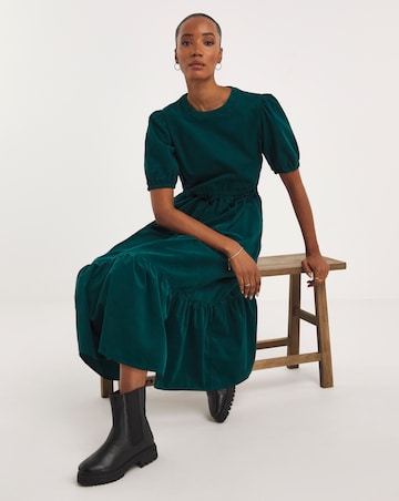 Teal Baby Cord Tiered Midi Dress