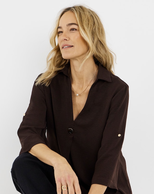 Chocolate Button Detail Collar Popover Top
