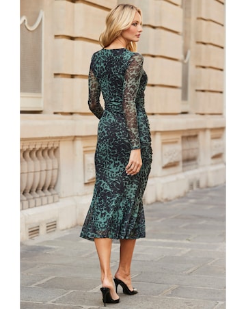 Sosandar Green Animal Mesh Crew Neck Midi Dress