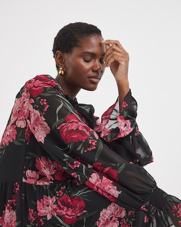 Shirred High Neck Tiered Maxi Dress