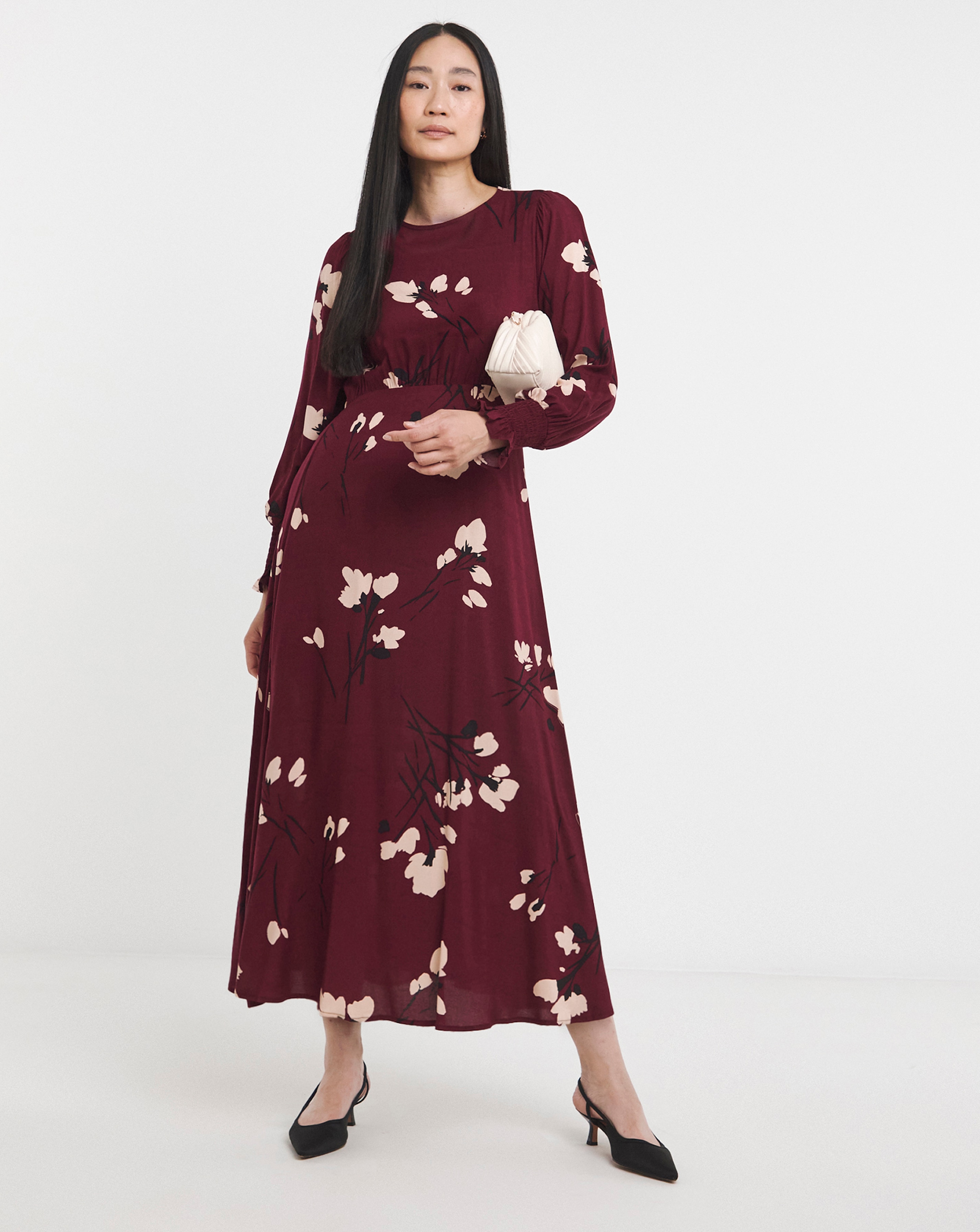 Shirred Cuff Long Sleeve Tea Dress