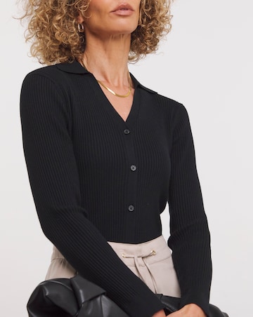 Ribbed Collar Long Sleeve Button Down Knitted Top