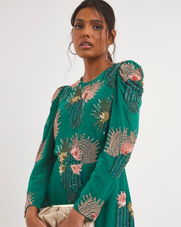 Joanna Hope Peacock Green Deco Beaded Midi Dress