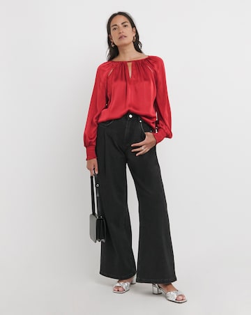 Womens Satin Cut Out Detail Long Sleeve Blouse - Red