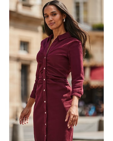 Sosandar 3/4 Sleeve Ruched Waist Popper Front Denim Dress