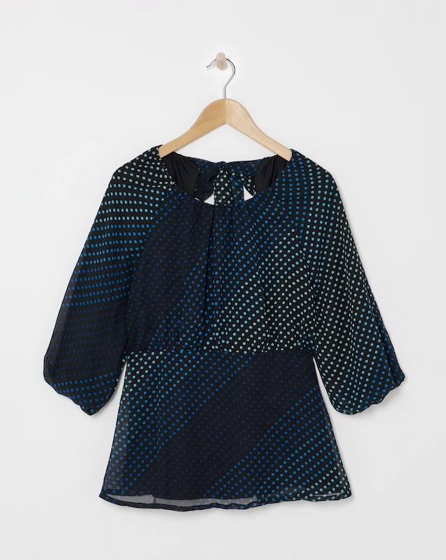 Blue Spot Print Exposed Back Swing Top