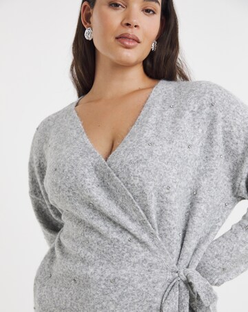 Simply Be Brushed Yarn Grey Marl Diamante Ballet Wrap Cardigan