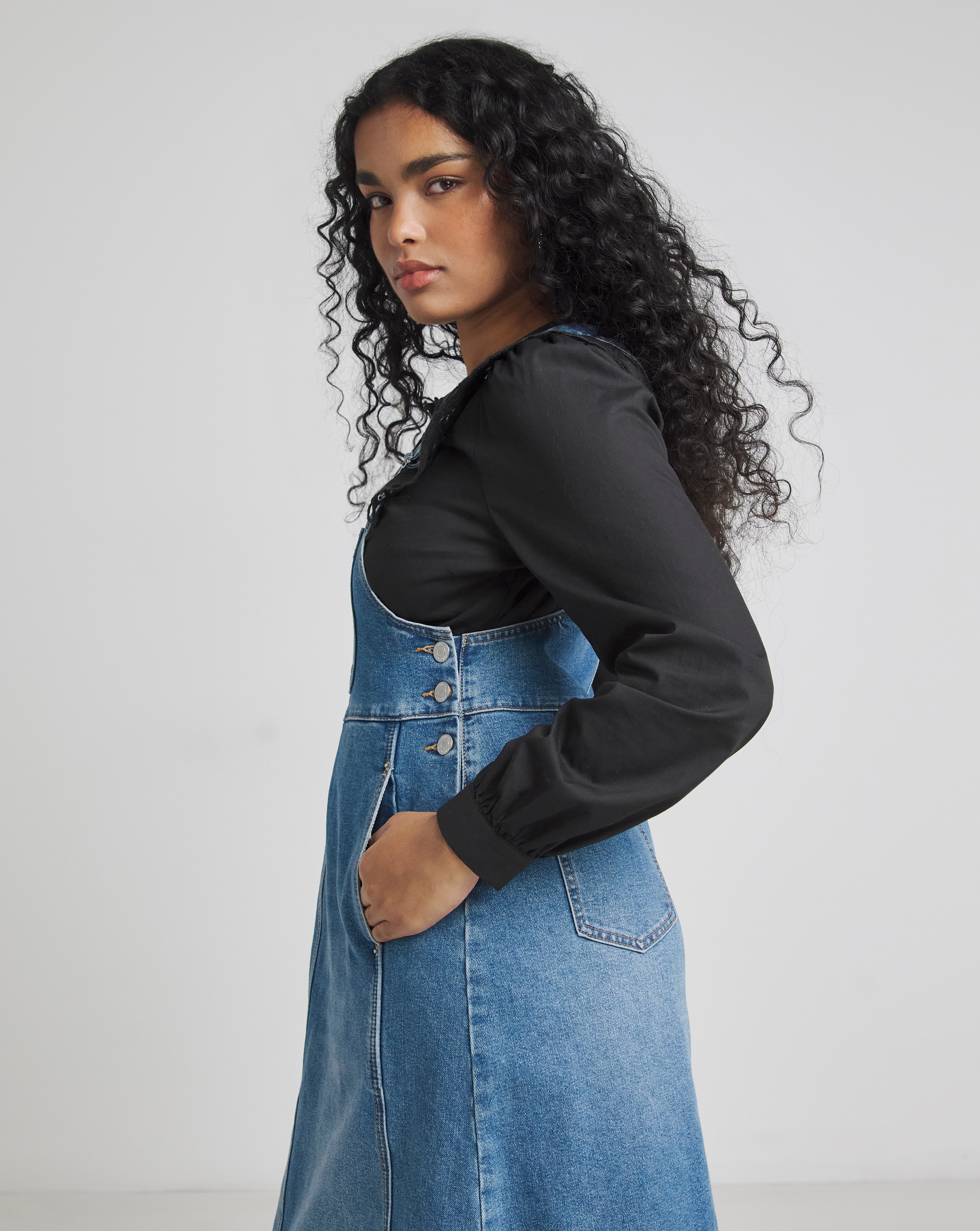 Simply Be Light Mid Blue Denim Dungaree Dress | JD Williams