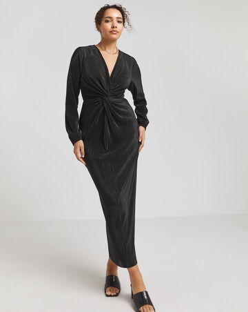 Black Plisse Twist Front Midi Dress