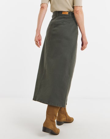 Khaki Pocket Front Denim Midi Skirt