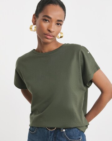 Pure Cotton Olive Button Shoulder T-Shirt