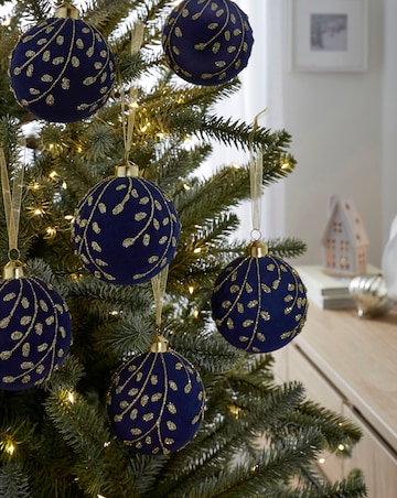 Set of 6 Flocked Navy and Gold Baubles