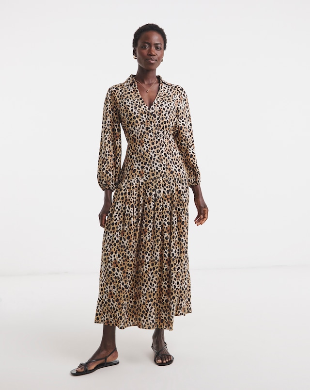Leopard Print Collared 3/4 Sleeve Dress