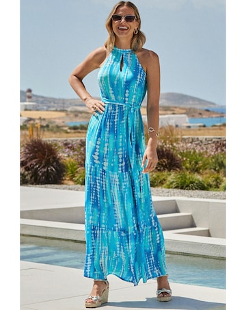 Sosandar Blue Conversational Halterneck Tiered Dress